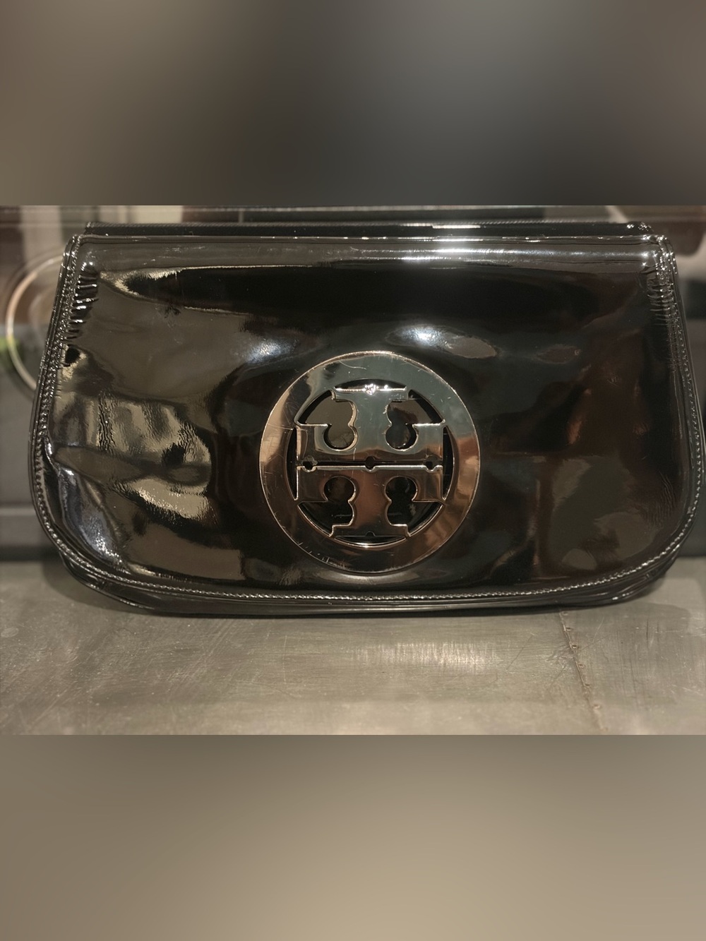 Tory Burch Black Patent Leather Logo Clutch